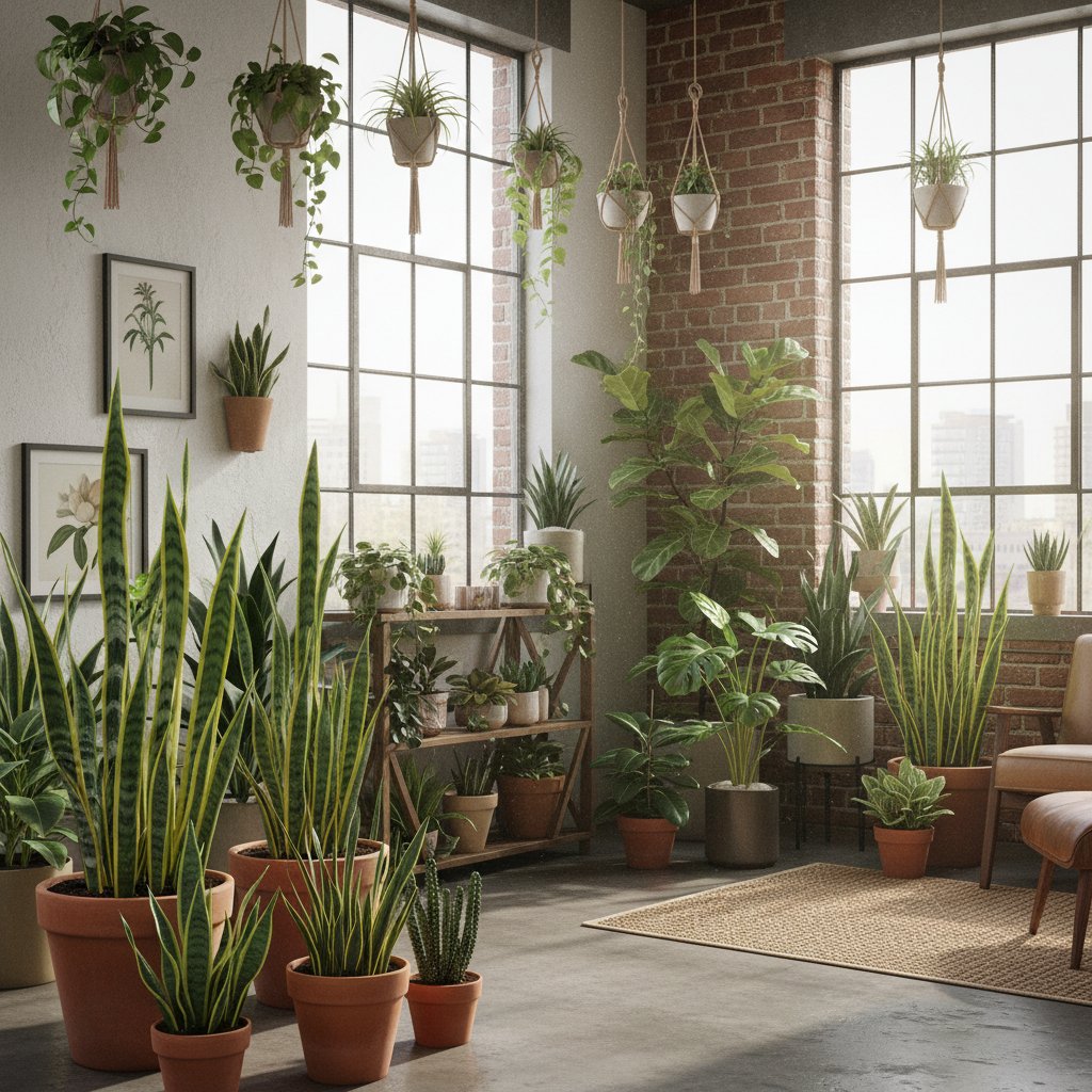 Sansewieria w designerskim wnętrzu, światło kontrastowe, surowy klimat miejskiej dżungli