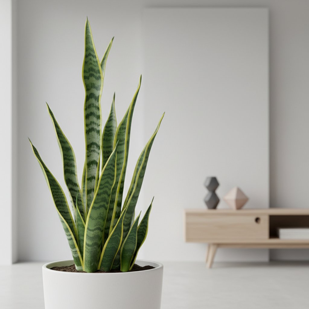 Zbliżenie na doniczkę z sansewierią w minimalistycznym wnętrzu