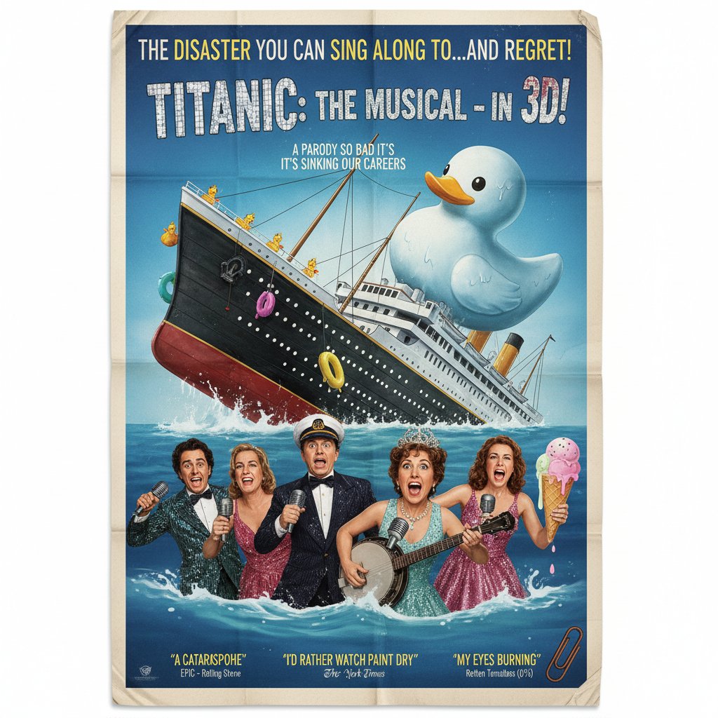 A satirical flop movie poster art, capturing the overblown and misguided nature of failed spoof films