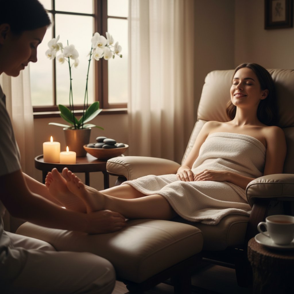 Klientka pokazująca zadowolenie po zabiegu refleksologii