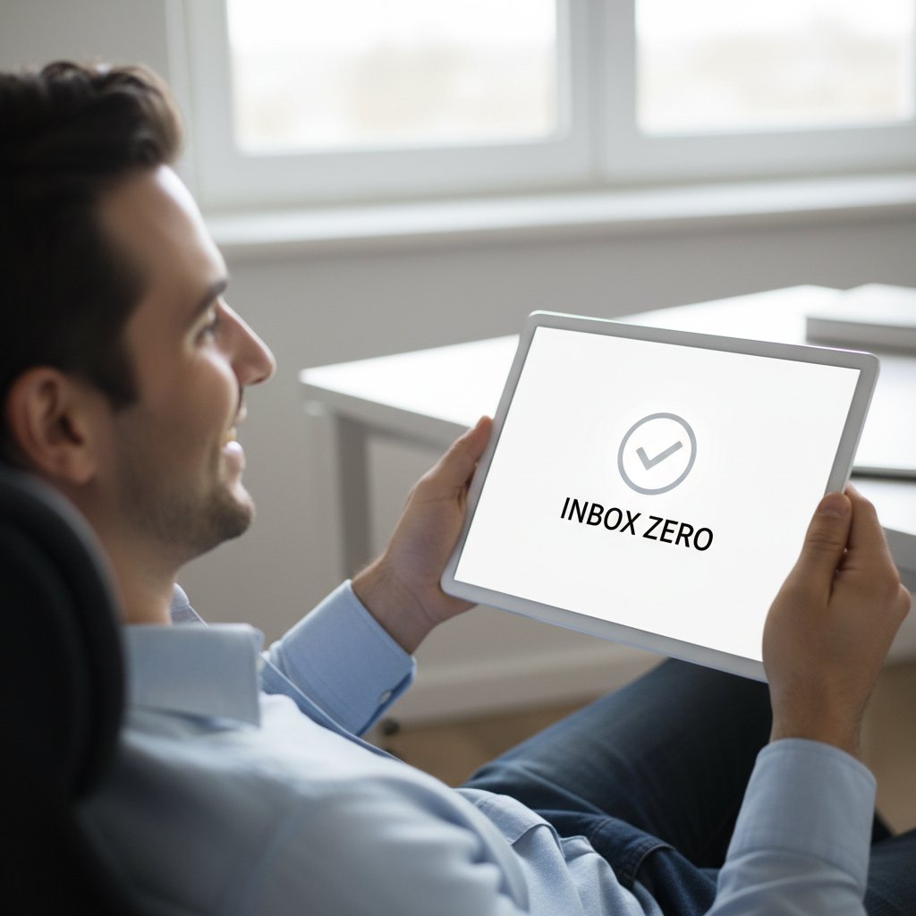 Osoba z satysfakcją patrząca na pustą skrzynkę odbiorczą, symbol skutecznego zarządzania emailami