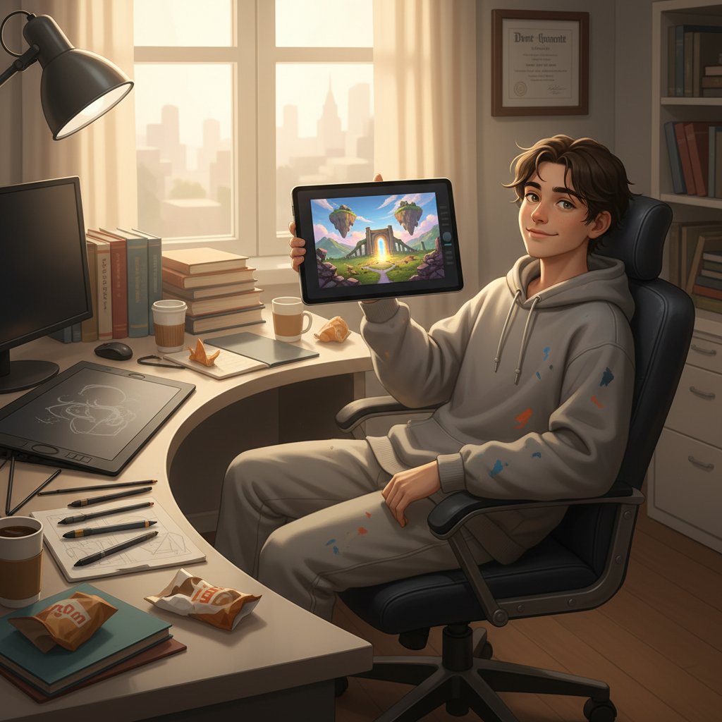 Zadowolony kursant prezentuje gotowy rysunek cyfrowy, dumny z efektu swojej pracy