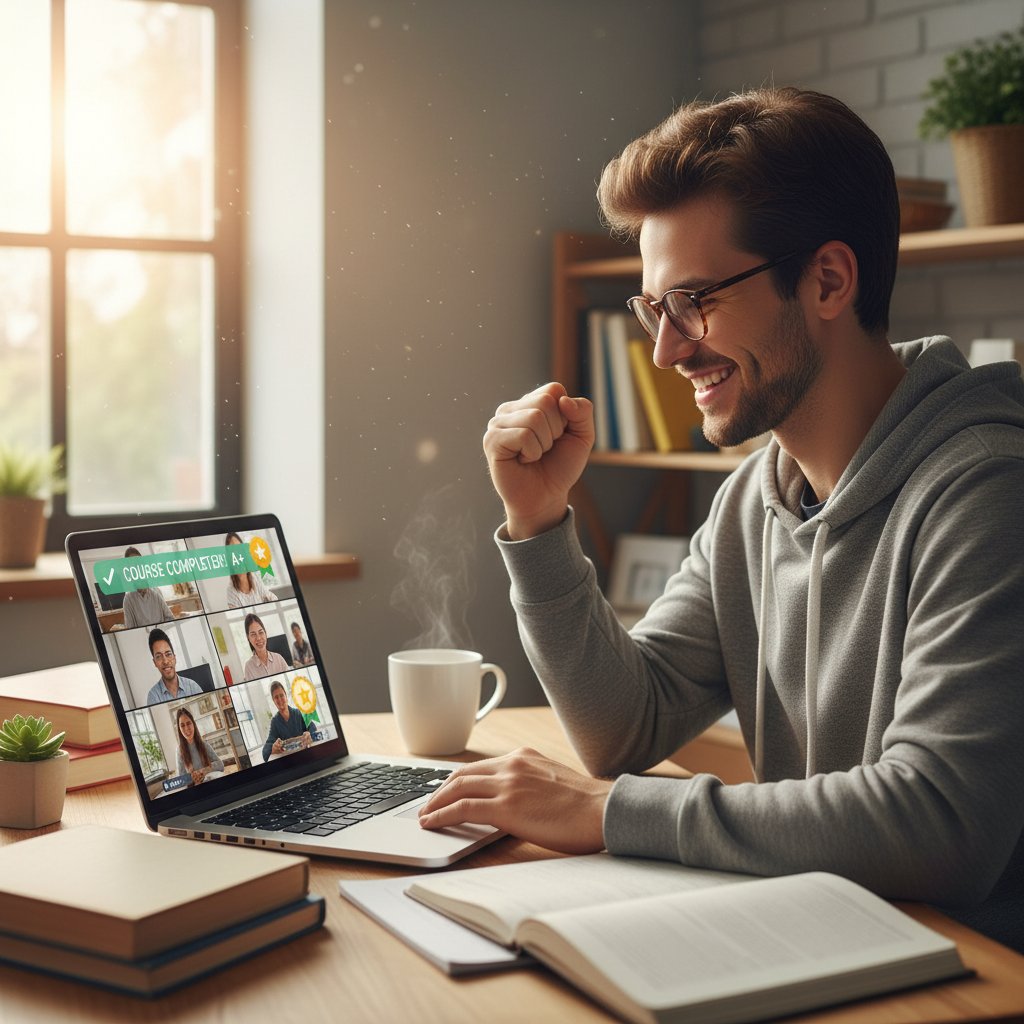 Zadowolony uczeń po dobrze przeprowadzonej lekcji online, laptop otwarty, wyraźna satysfakcja na twarzy