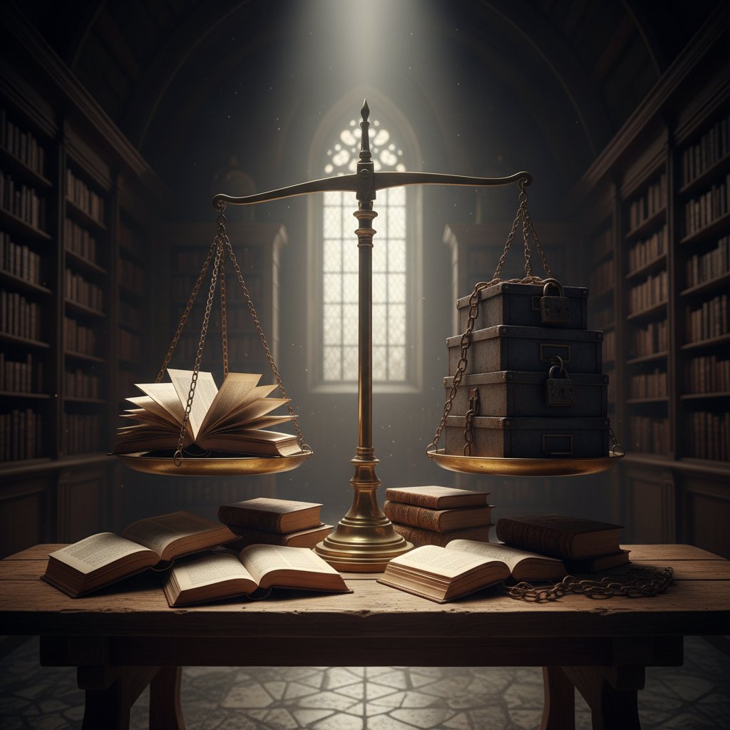 Scales balancing open books and locked files in dramatic light, symbolizing the tension between open access and quality control in academic expertise