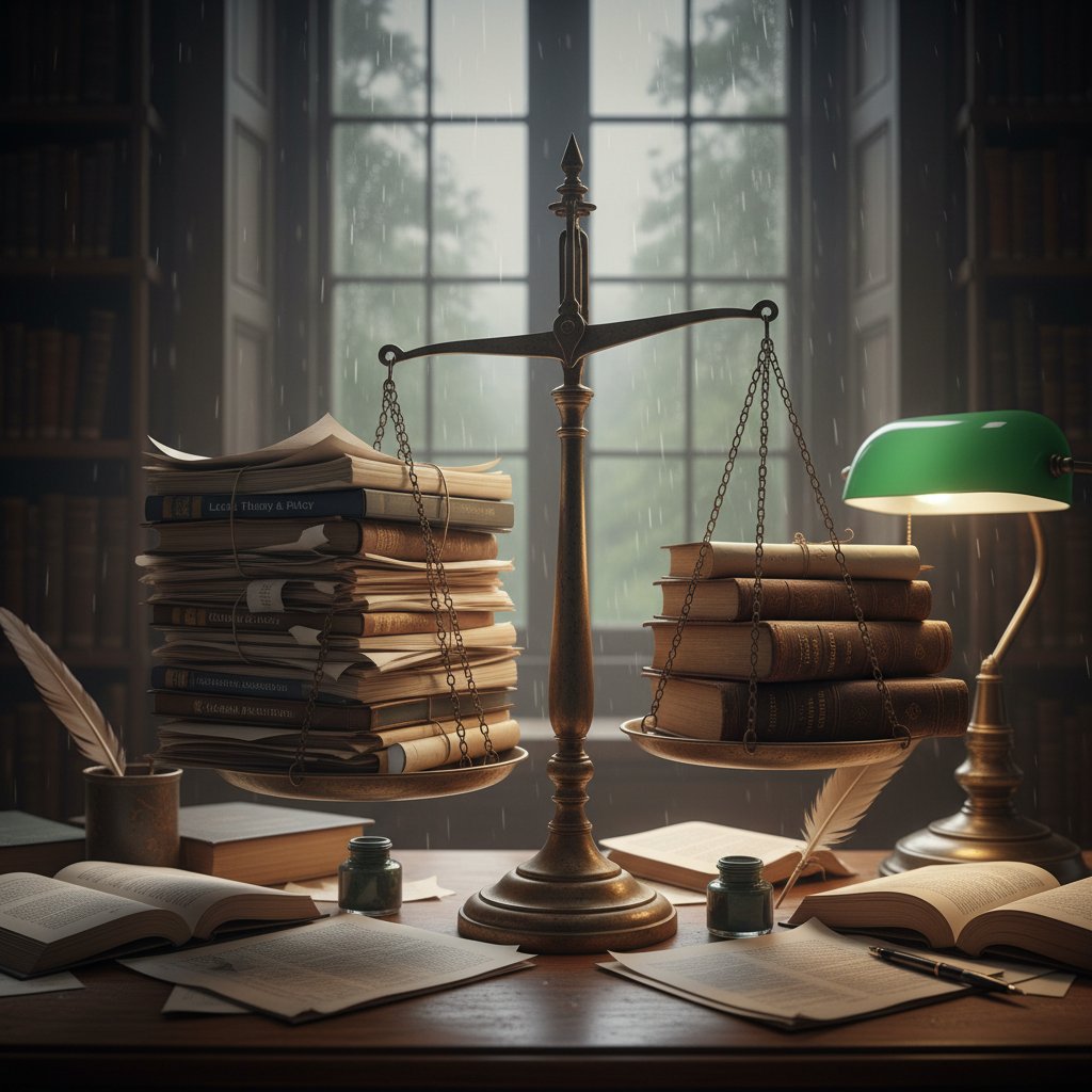 Scales of justice over academic research papers, ethics in freelance scholarly research, moody lighting