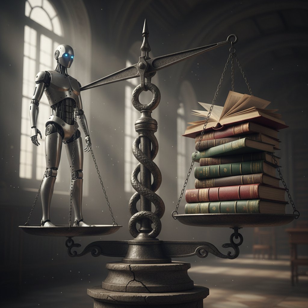 Waga balansująca robota i człowieka na tle polskich książek prawniczych, dramatyczne oświetlenie