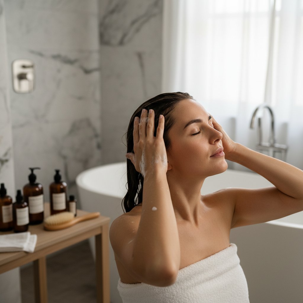 Osoba wykonująca masaż skóry głowy w domowej łazience