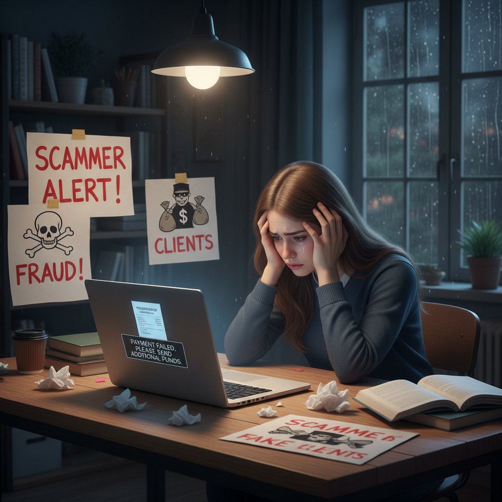 Oszukany korepetytor patrzący smutno na ekran laptopa, ostrzegawcze znaki na biurku