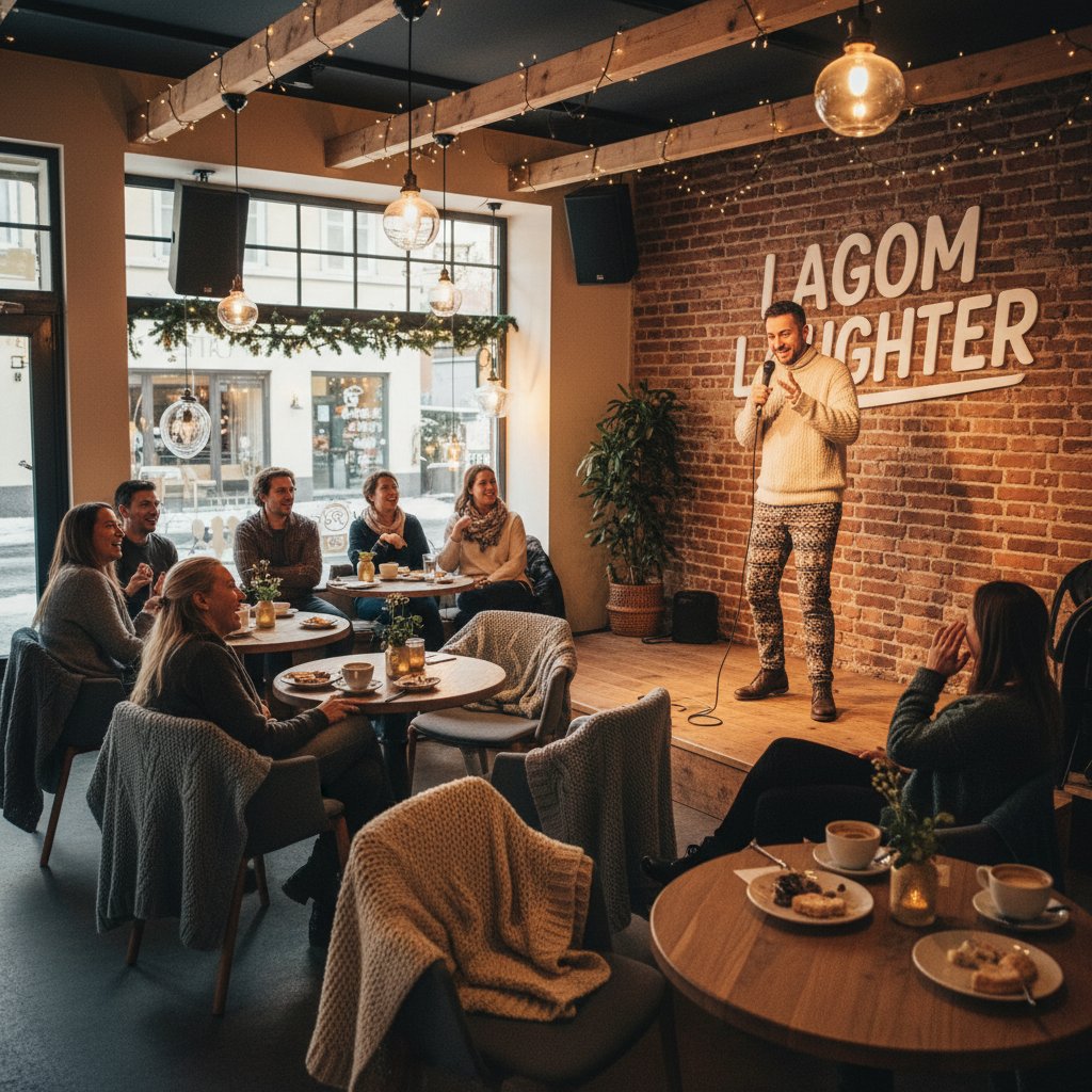 Scandinavian comedy film scene in a cozy cafe with playful mood