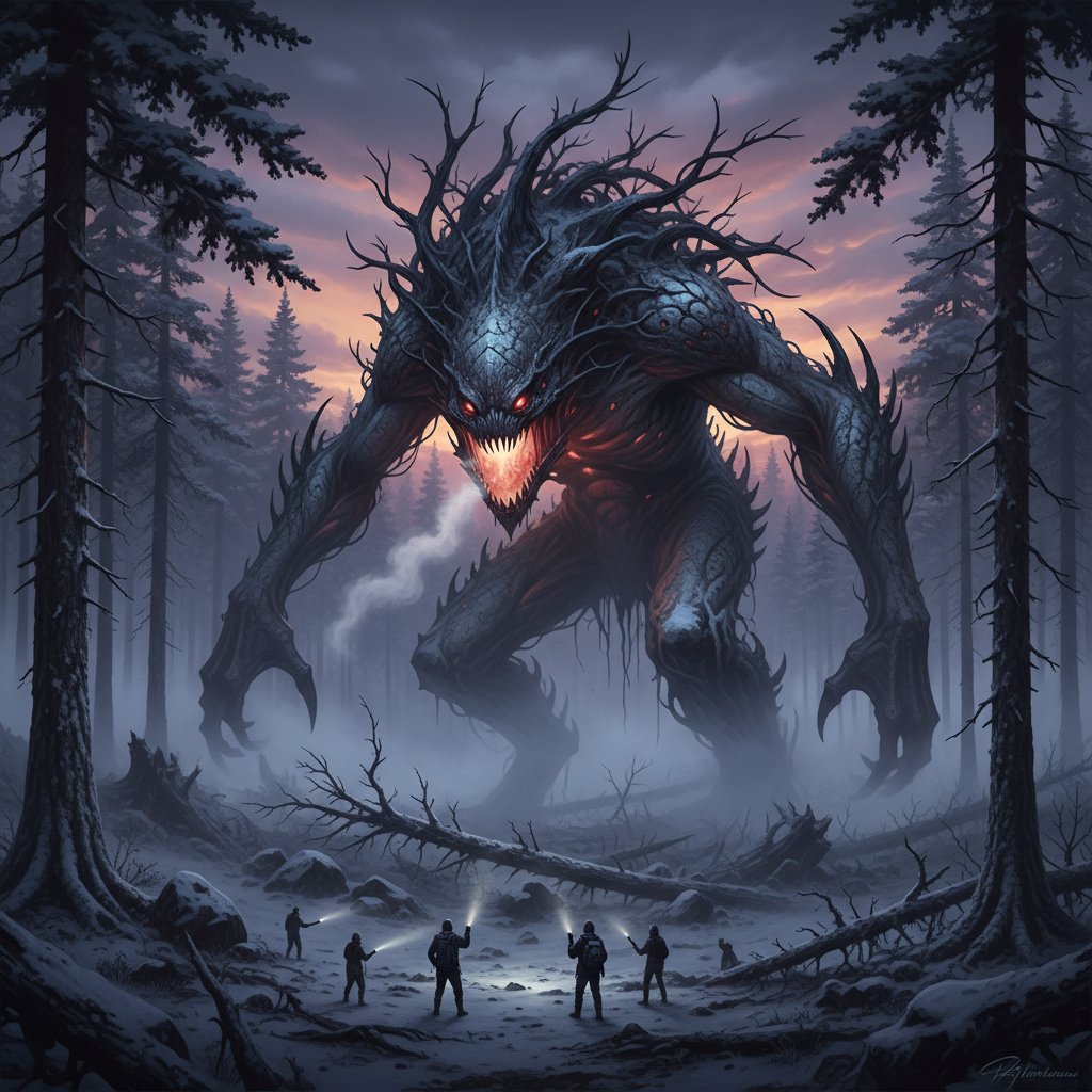 A movie still of a Scandinavian forest setting with an ominous monster towering in the mist, referencing international monster films