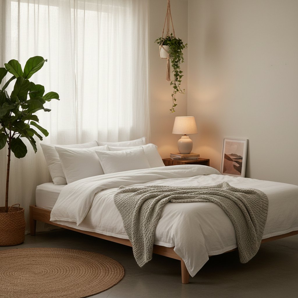 Minimalistyczna sypialnia z roślinami i ciepłym światłem