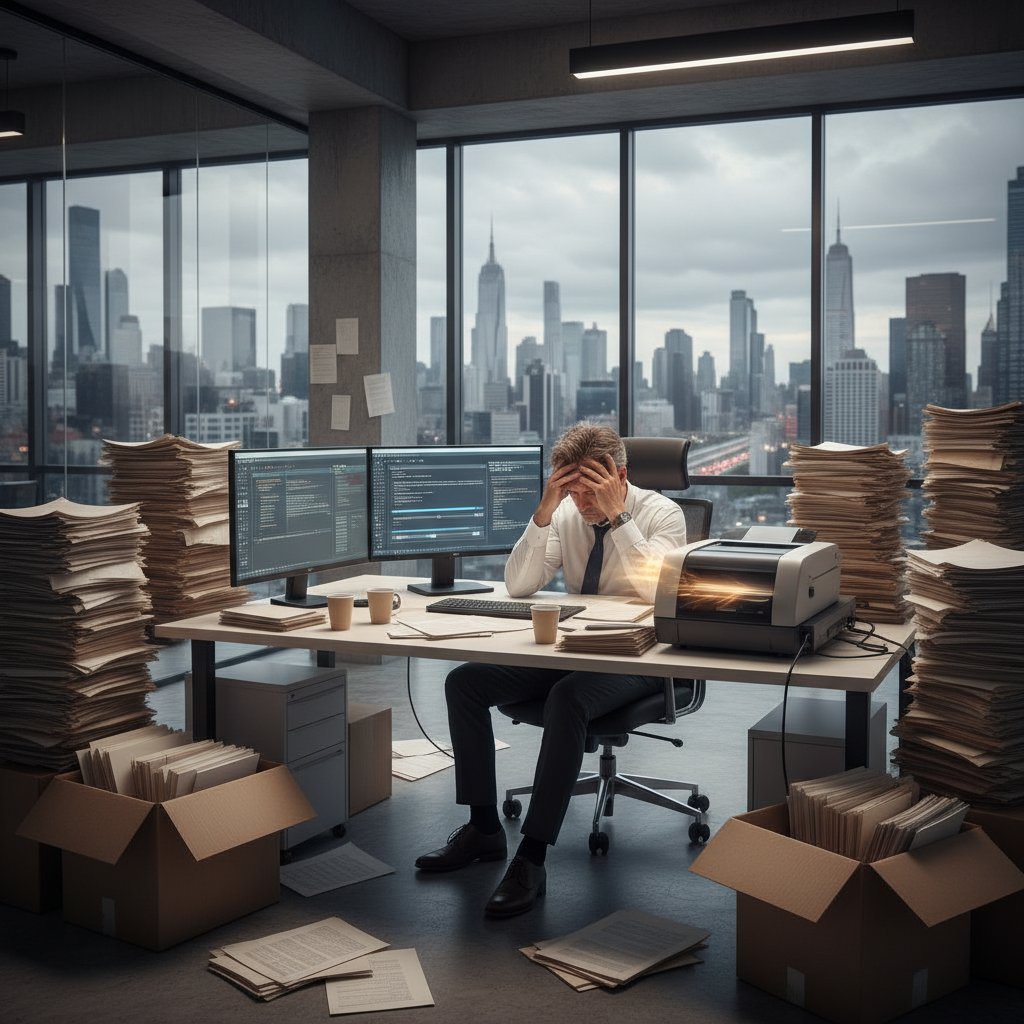 Professional stressed worker surrounded by paper and digital screens in edgy, high-contrast urban office