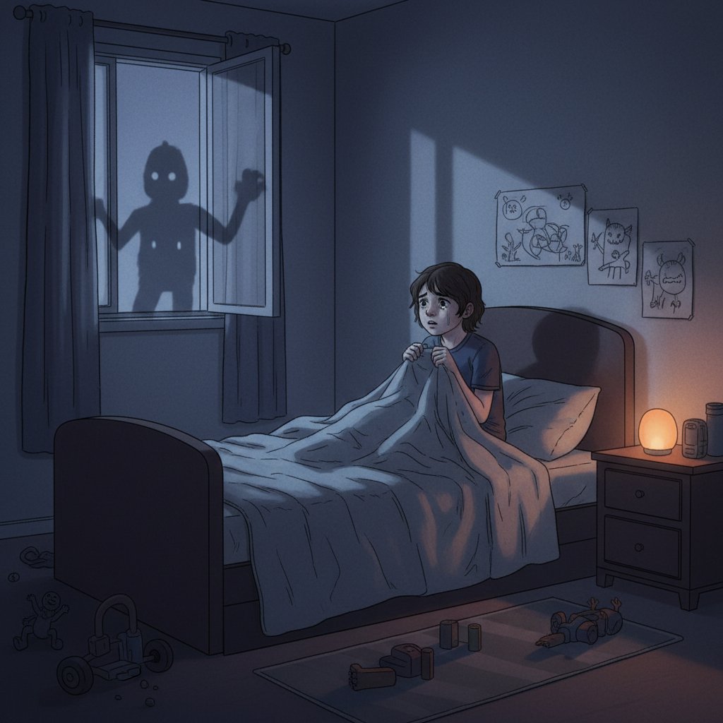 Dziewczynka skulona w łóżku, z wyrazem niepokoju na twarzy – objawy lęku dziecięcego, lęk dzieci