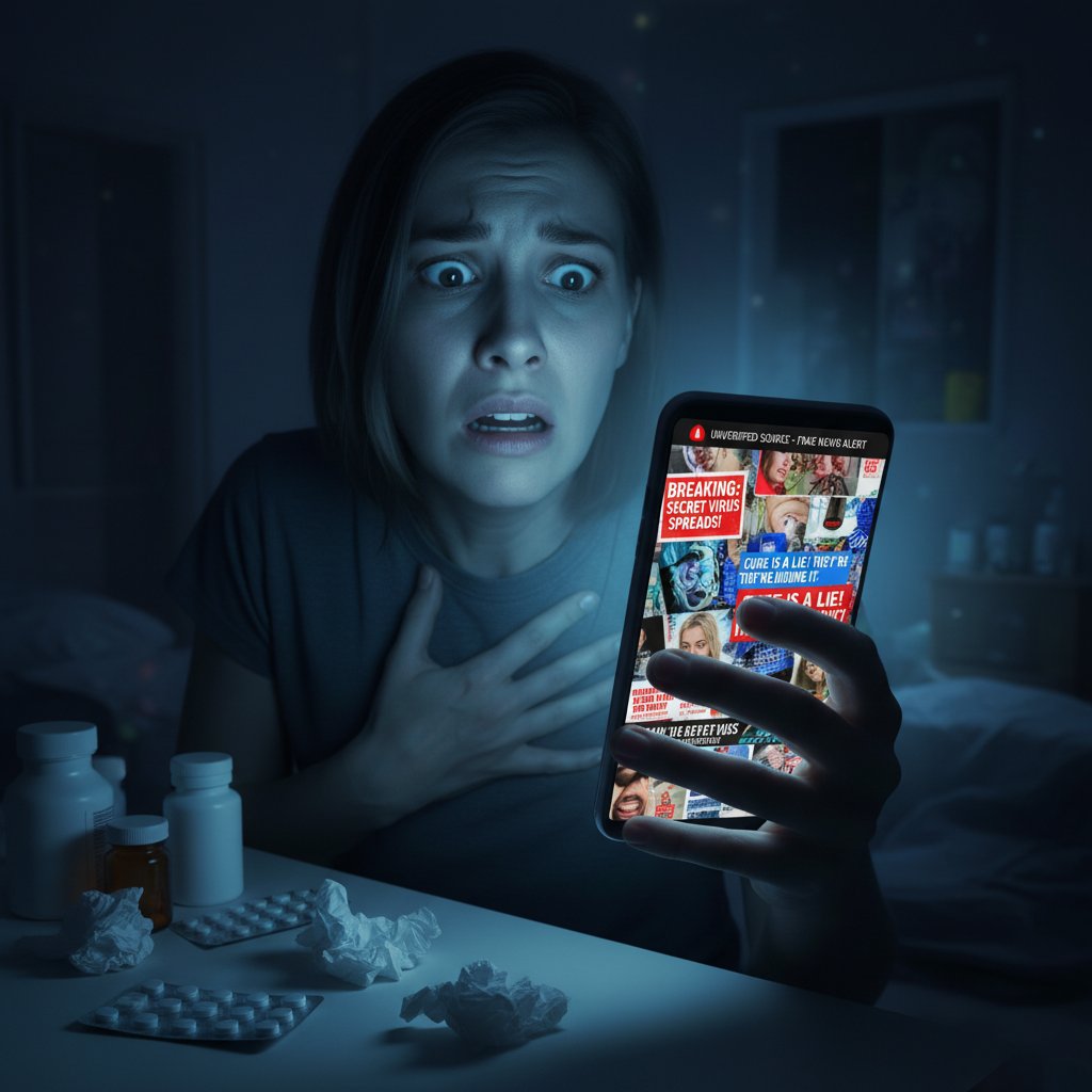 Osoba przerażona ilością fake newsów o zdrowiu podczas przeglądania smartfona