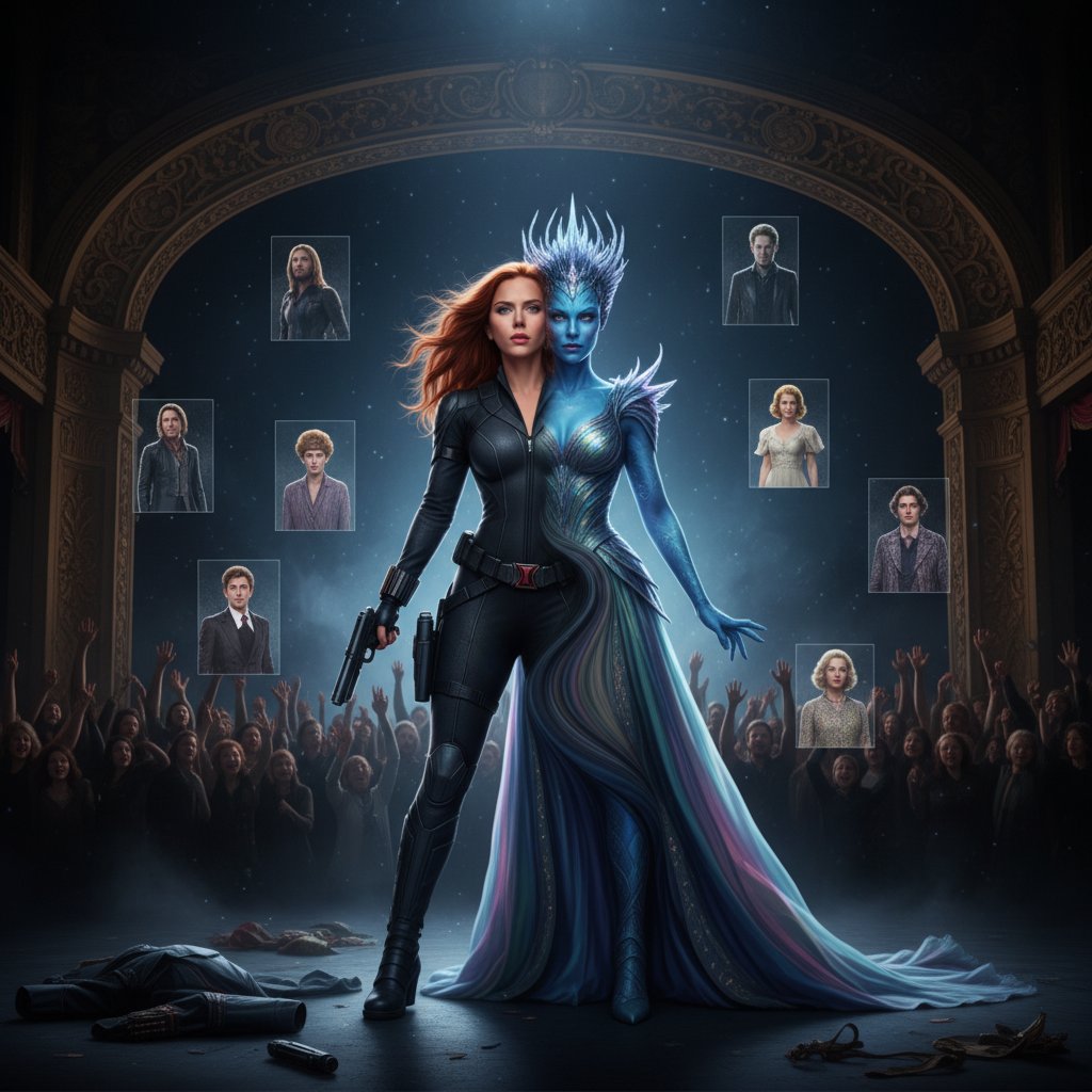 Scarlett Johansson morphing into different movie characters on a dramatic stage, highlighting versatility and transformation in cinema