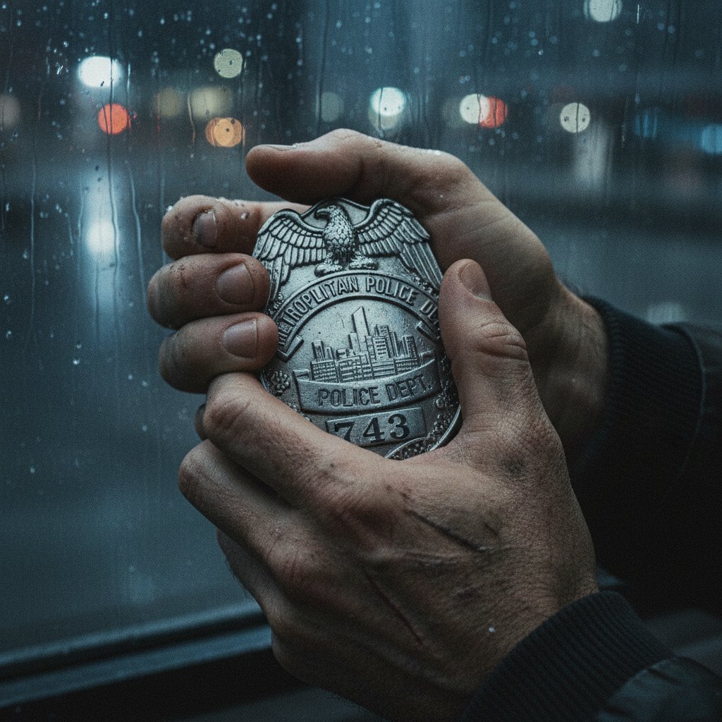 Hard boiled antihero symbolized by scarred hands and badge