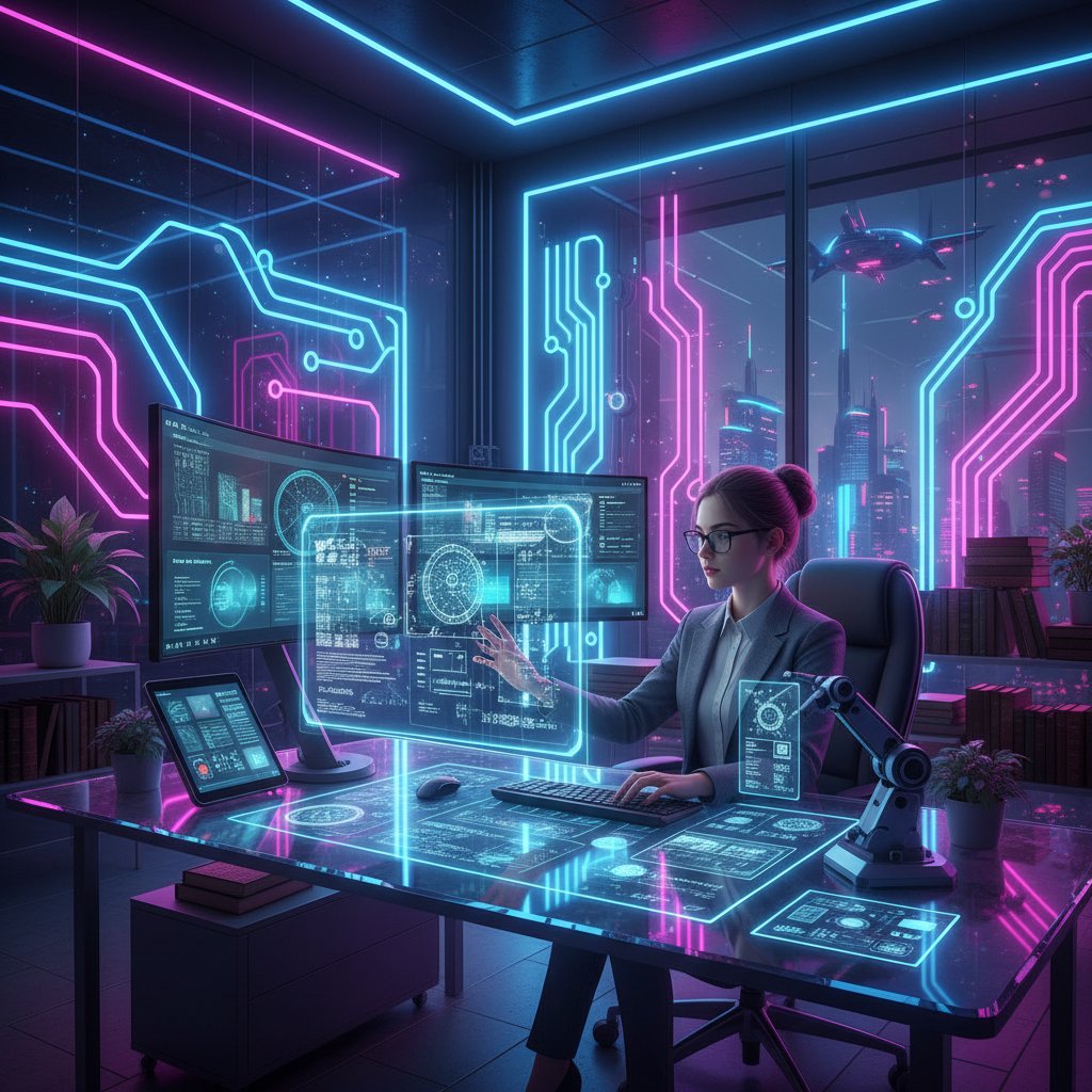 Cinematic photo of a scholar moving from campus to digital world, representing online academic researcher career advice and digital frontier