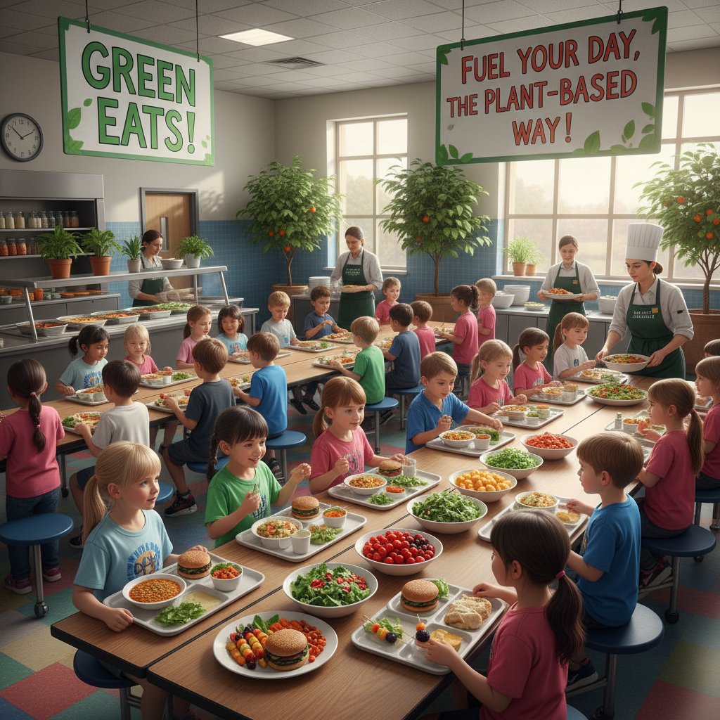 Stołówka szkolna z daniem roślinnym, dzieci i personel w interakcji