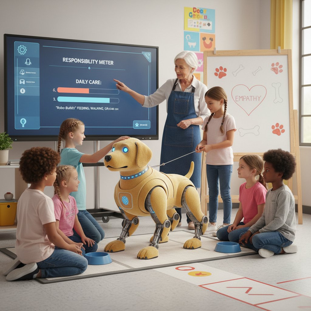 Dzieci w sali lekcyjnej uczące się odpowiedzialności przez zabawę z symulatorem hodowli psów na tabletach