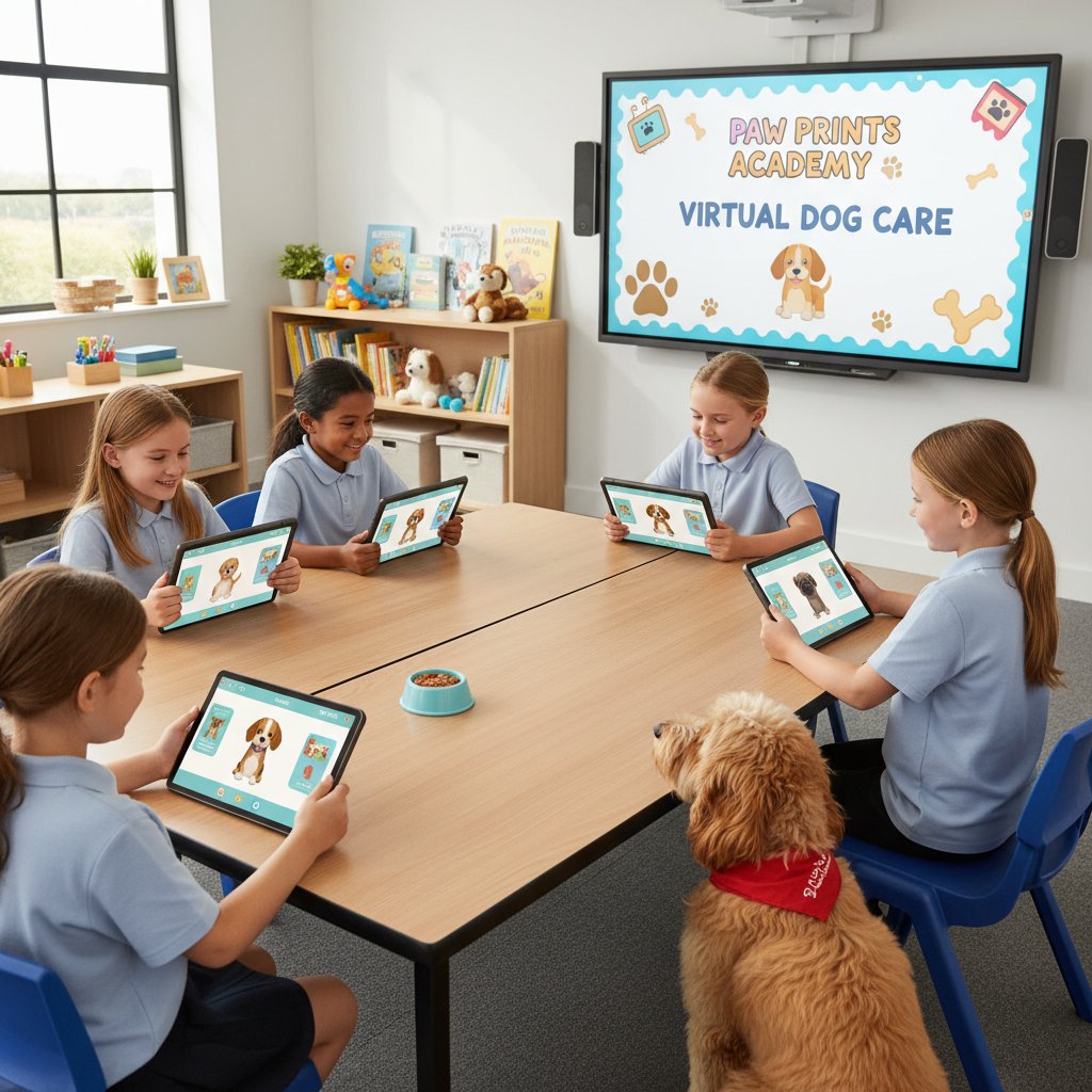 Dzieci w klasie szkolnej korzystające z tabletów, ucząc się odpowiedzialności przez symulator hodowli psów