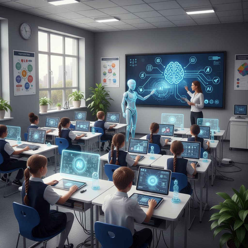 Lekcja w polskiej szkole z AI w tle, uczniowie korzystający z nowoczesnych technologii