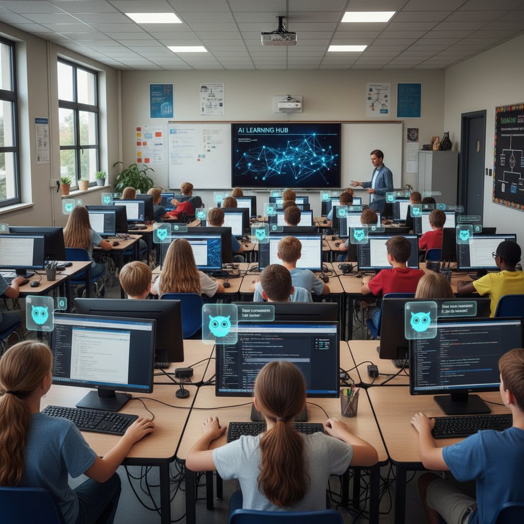 Szkolna pracownia komputerowa – uczniowie korzystają z platformy wsparcia AI