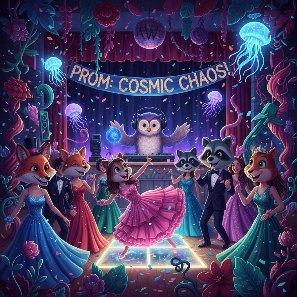 School dance with unexpected twist, gym decorated for prom, surreal mood, bold lighting, high school comedy movie genre