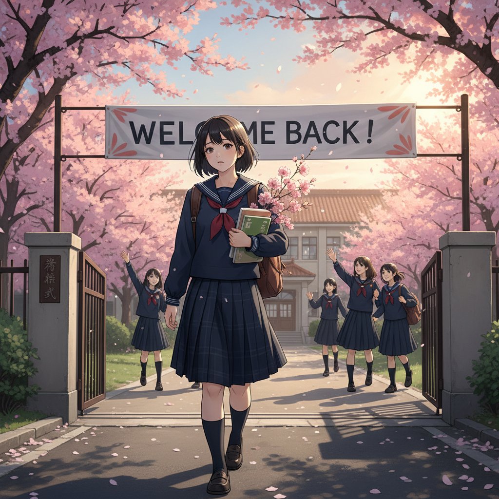 Uczennica powracająca do szkoły po chorobie, uśmiechnięta, szkolny korytarz