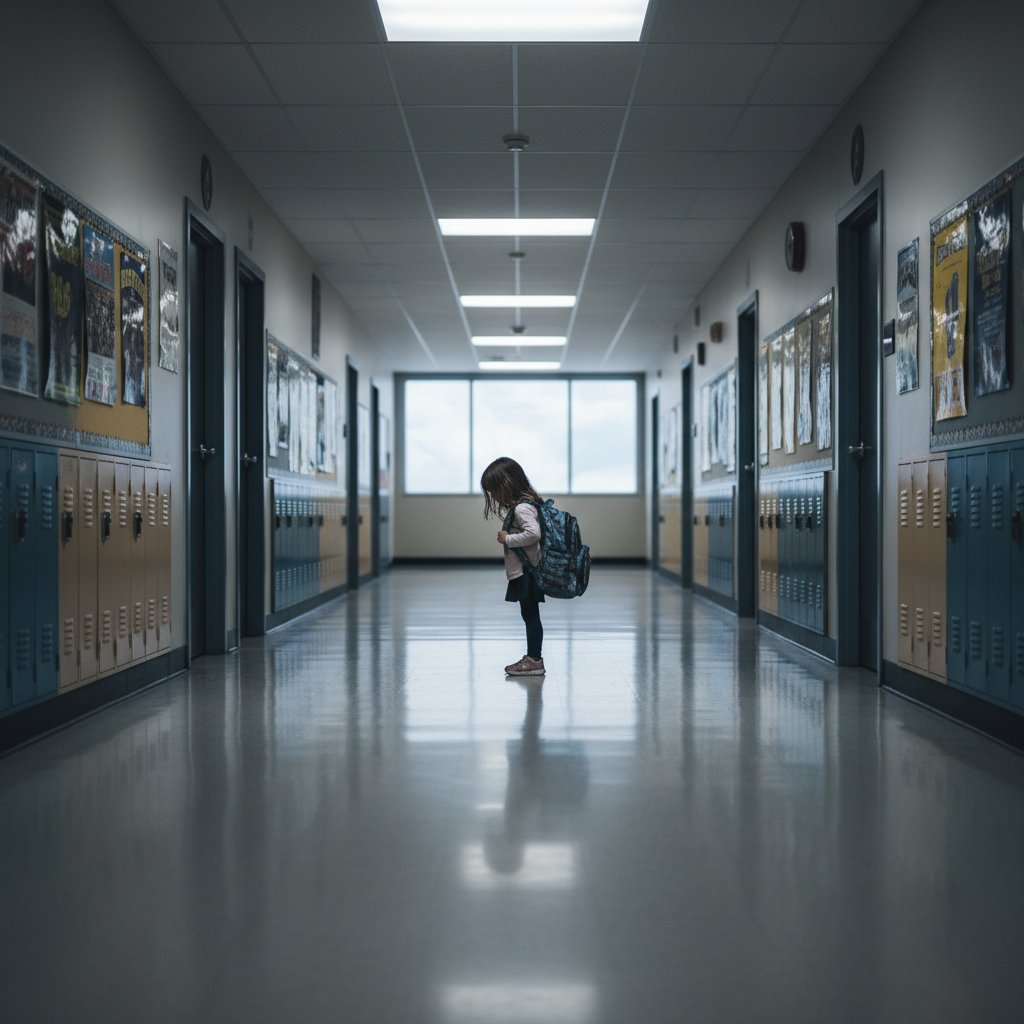 Szkoła jako zimny, bezosobowy korytarz – symbolizujący samotność dzieci z lękiem