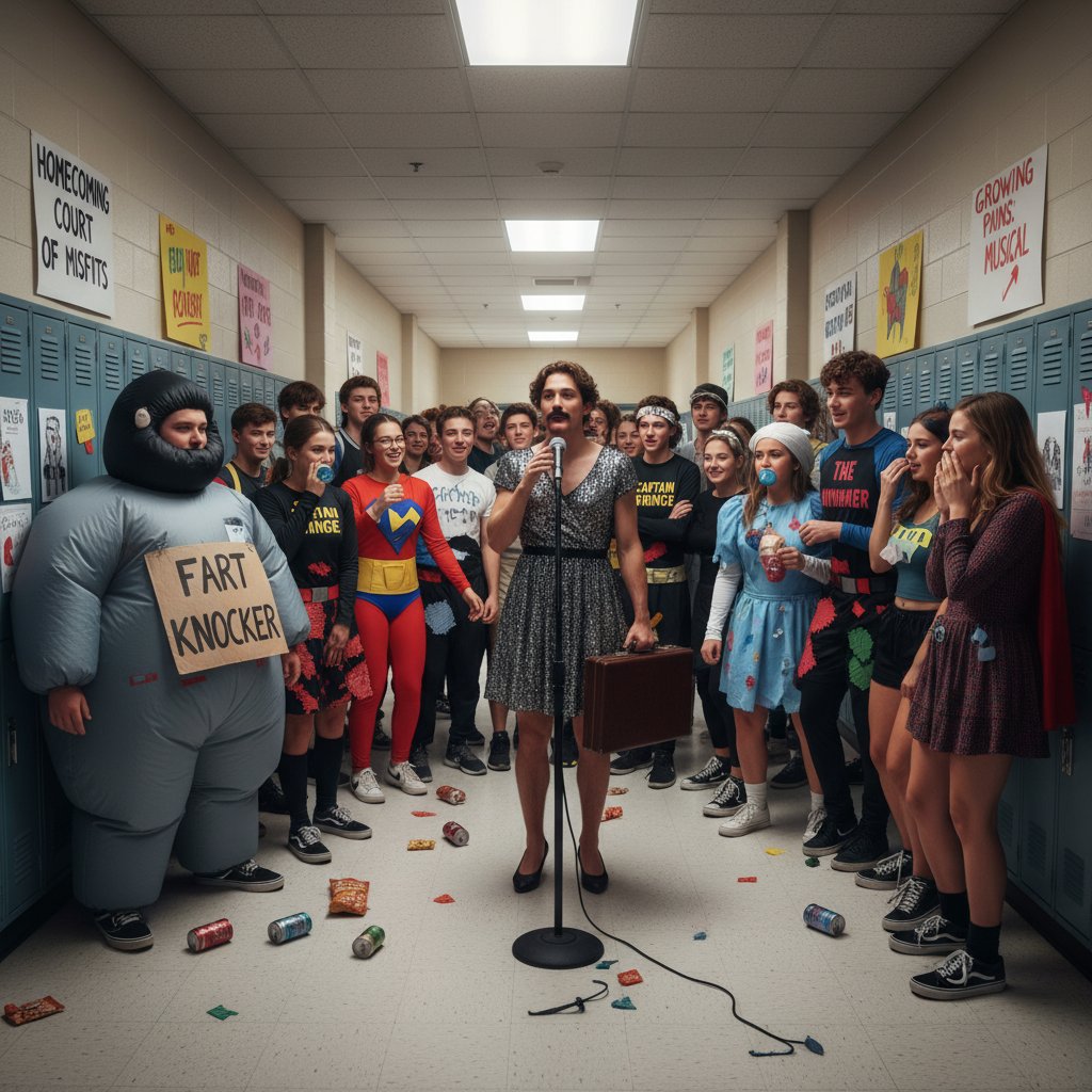 Students wearing provocative, out-there outfits in a school hallway, capturing the wildness and shock of boundary-pushing comedies.