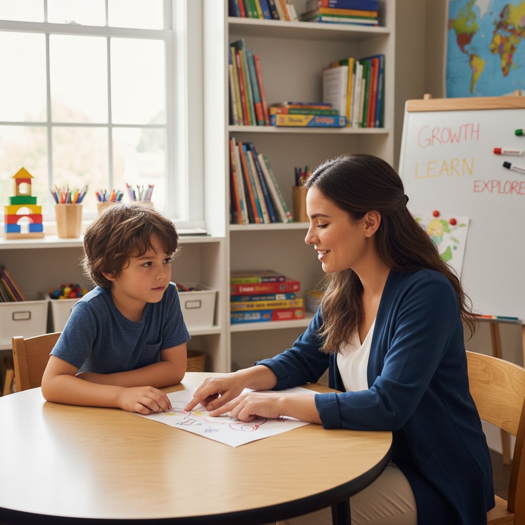 Szkolny psycholog rozmawiający z dzieckiem w sali lekcyjnej – psycholog dziecięcy, wsparcie edukacyjne