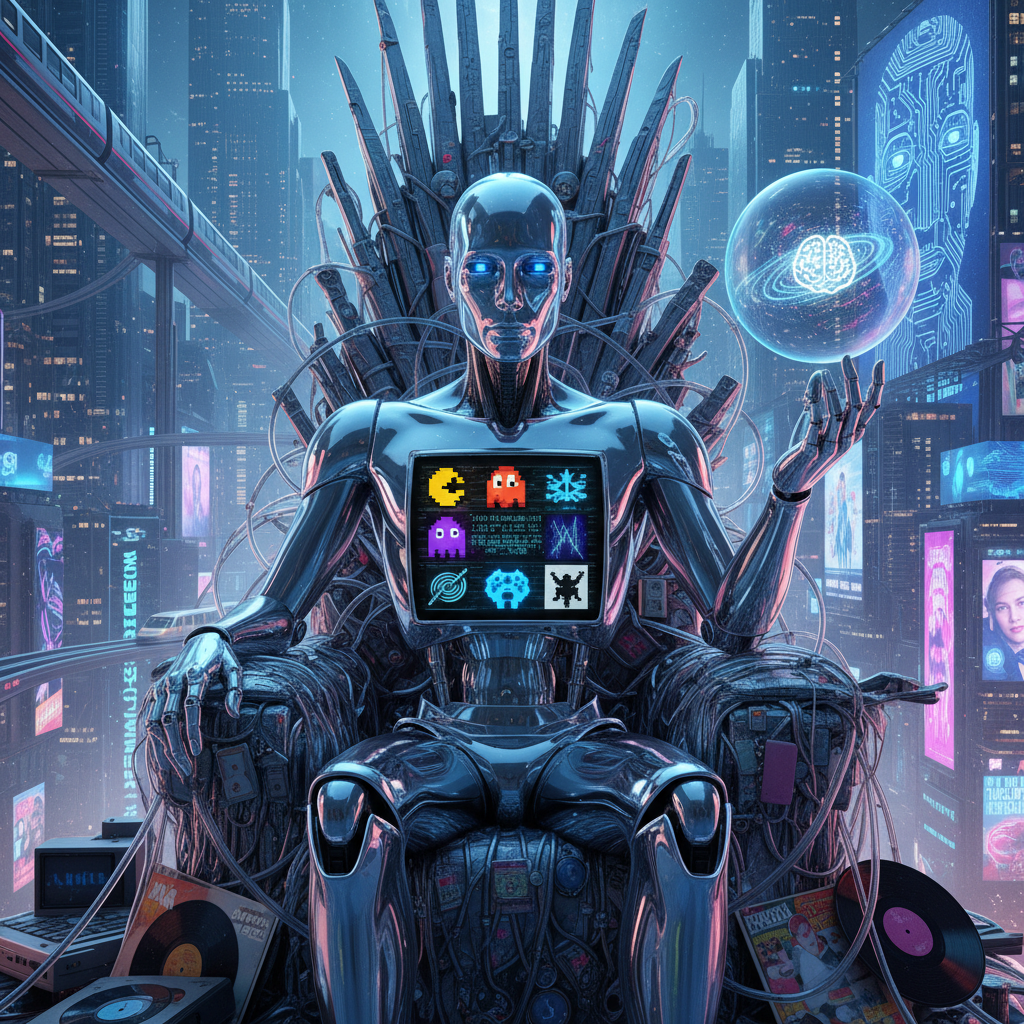 Kadr z filmu science-fiction z humanoidalną AI, symbolizującą popkulturowy wpływ na wyobrażenia o świadomości maszyn