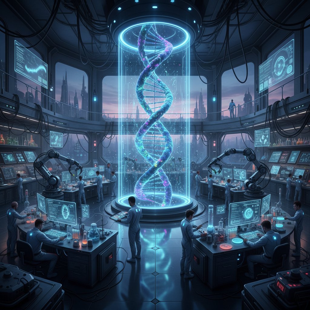 Nowoczesna genetyka w badaniach zespołu antyfosfolipidowego – laboratorium science-fiction, świecące DNA.