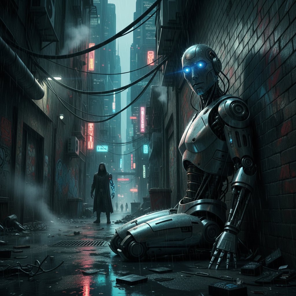 Scena z filmu science-fiction, człowiek patrzący na humanoidalnego robota w ciemnym miejskim zaułku