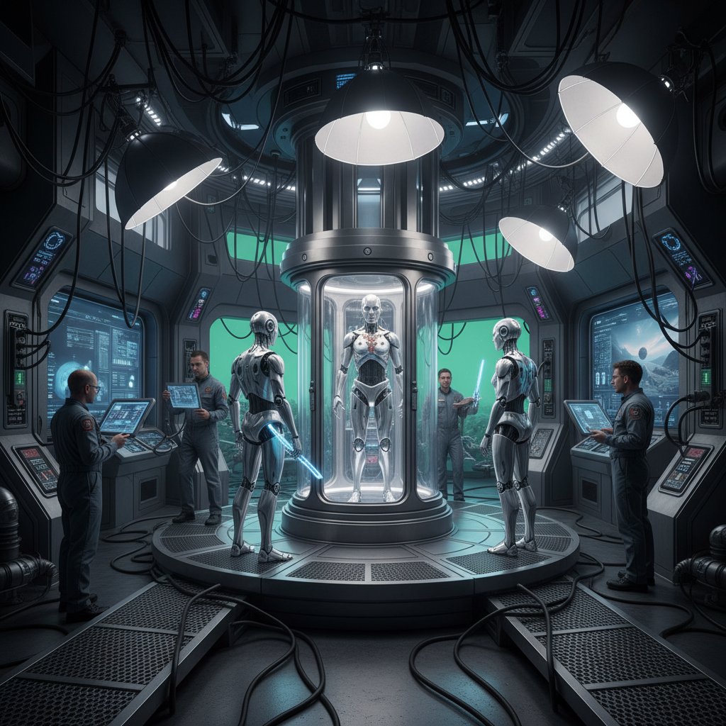 Scena z planu filmowego science fiction z humanoidem w roli głównej