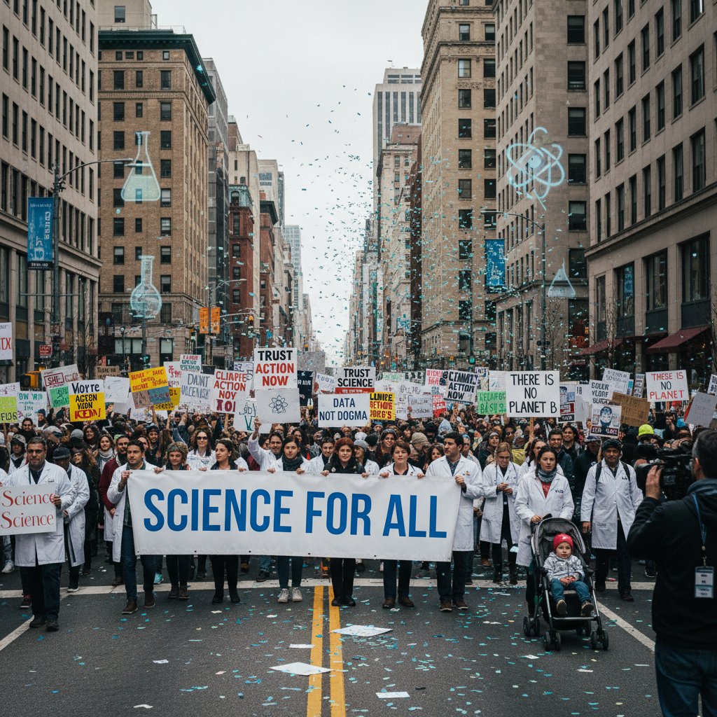Crowd at a science march holding banners, inspired by the impact of science documentary movies