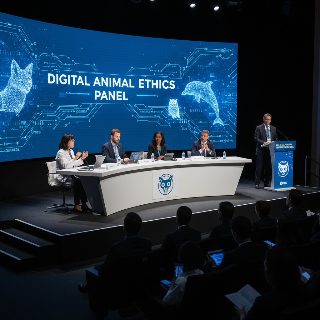 Konferencja naukowa z panelem o etyce cyfrowych zwierząt, prelegenci i publiczność