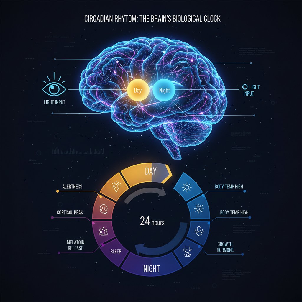 Diagram mózgu z zaznaczonym ośrodkiem zarządzającym rytmem dobowym, światło wpływa na hormony