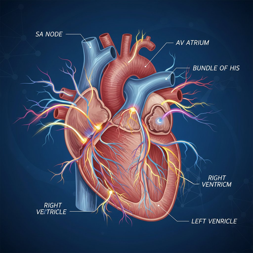 Schemat impulsów elektrycznych w sercu podczas kołatania – fotografia medyczna, dynamiczny styl, wyraziste kolory