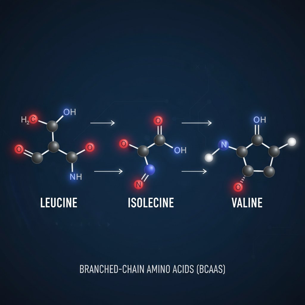 Struktura chemiczna aminokwasów BCAA: leucyna, izoleucyna, walina na ciemnym tle