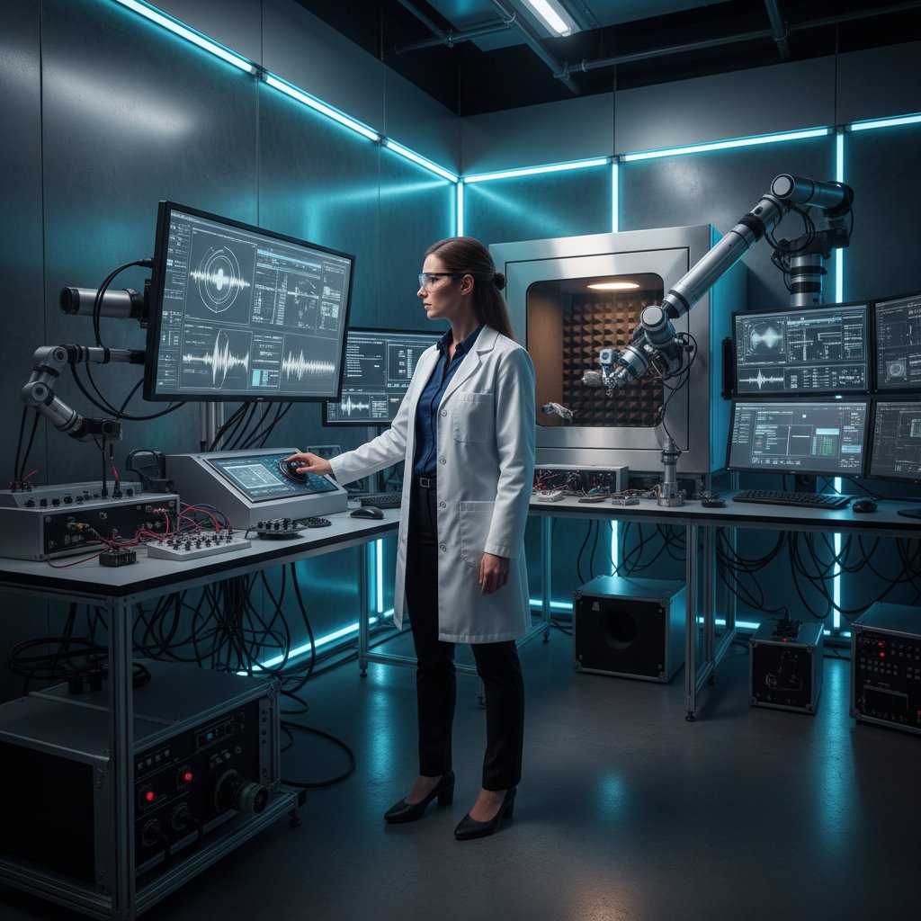 Naukowiec w laboratorium prowadzi analizę akustyczną, nowoczesny sprzęt