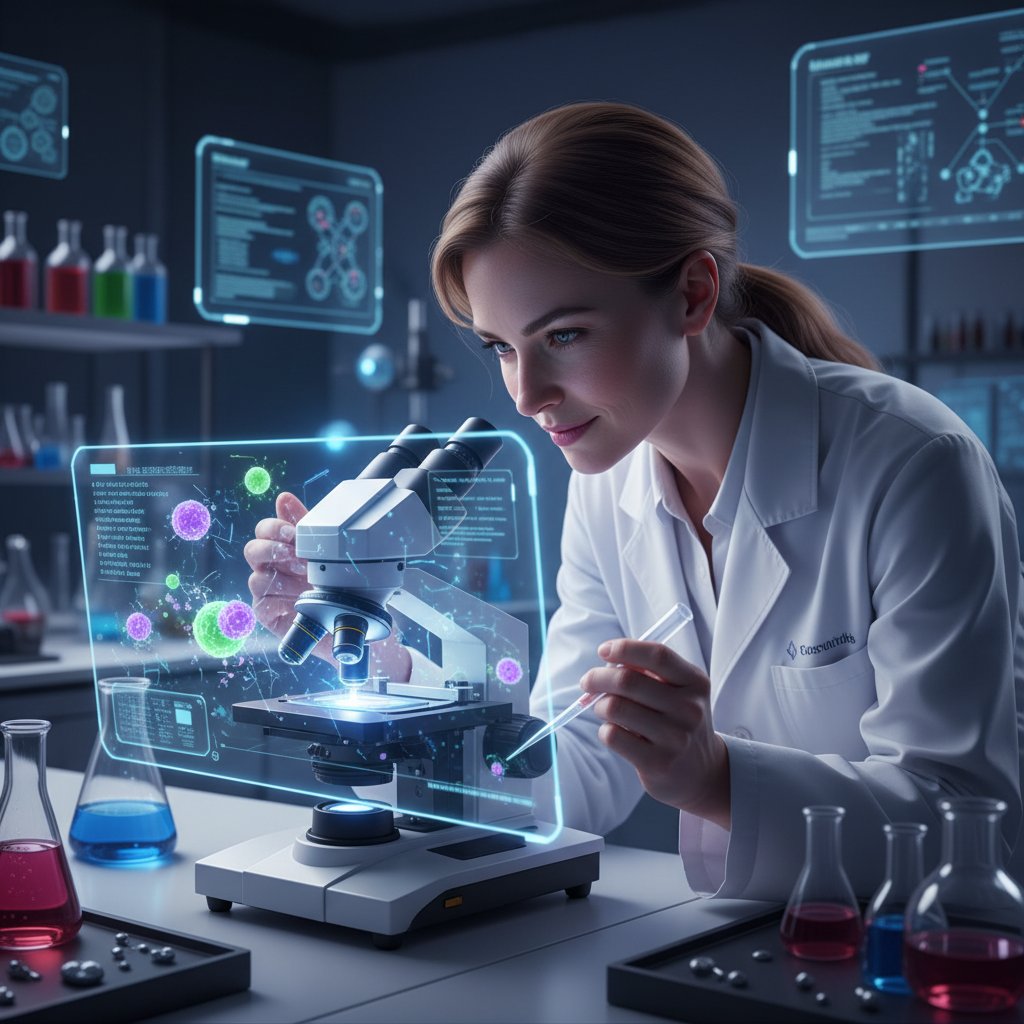 Naukowiec pracujący przy zaawansowanych mikroskopach w laboratorium nowoczesnych terapii onkologicznych