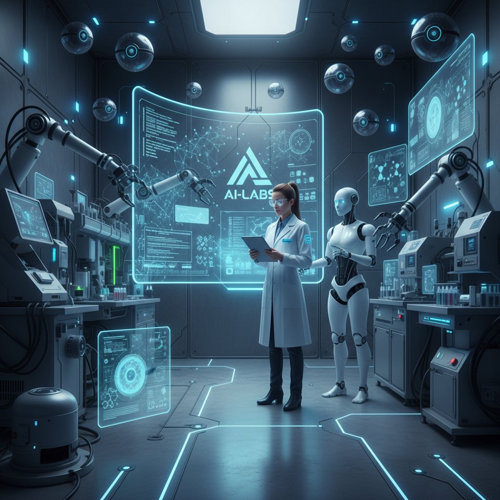 Ilustracja naukowca korzystającego z AI do automatyzacji pracy badawczej