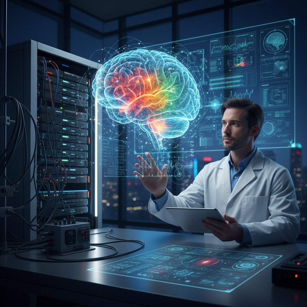 Naukowiec analizujący obrazy wizualizowane przez AI na podstawie aktywności mózgu