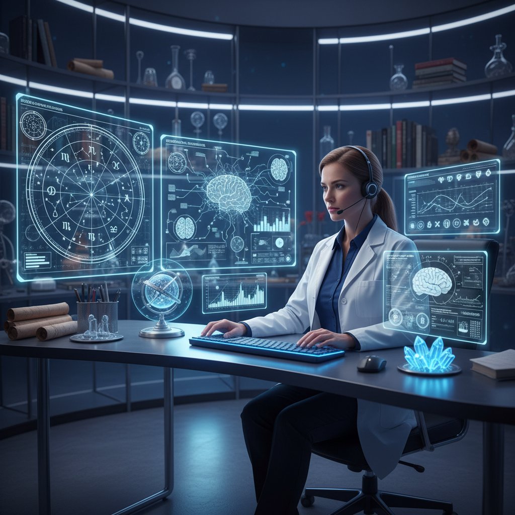 Naukowiec przy komputerze analizujący dane astrologiczne i psychologiczne