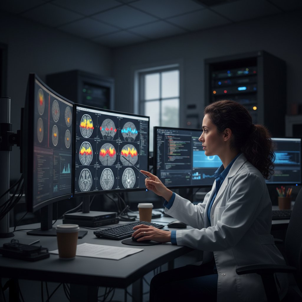 Naukowiec analizuje dane fMRI na ekranie komputera, nowoczesne badania, AI, analiza