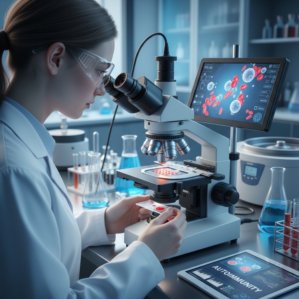 Zaawansowany medyczny portret: naukowiec analizujący próbkę krwi pod mikroskopem, sugerujący mechanizmy autoimmunologiczne SLE