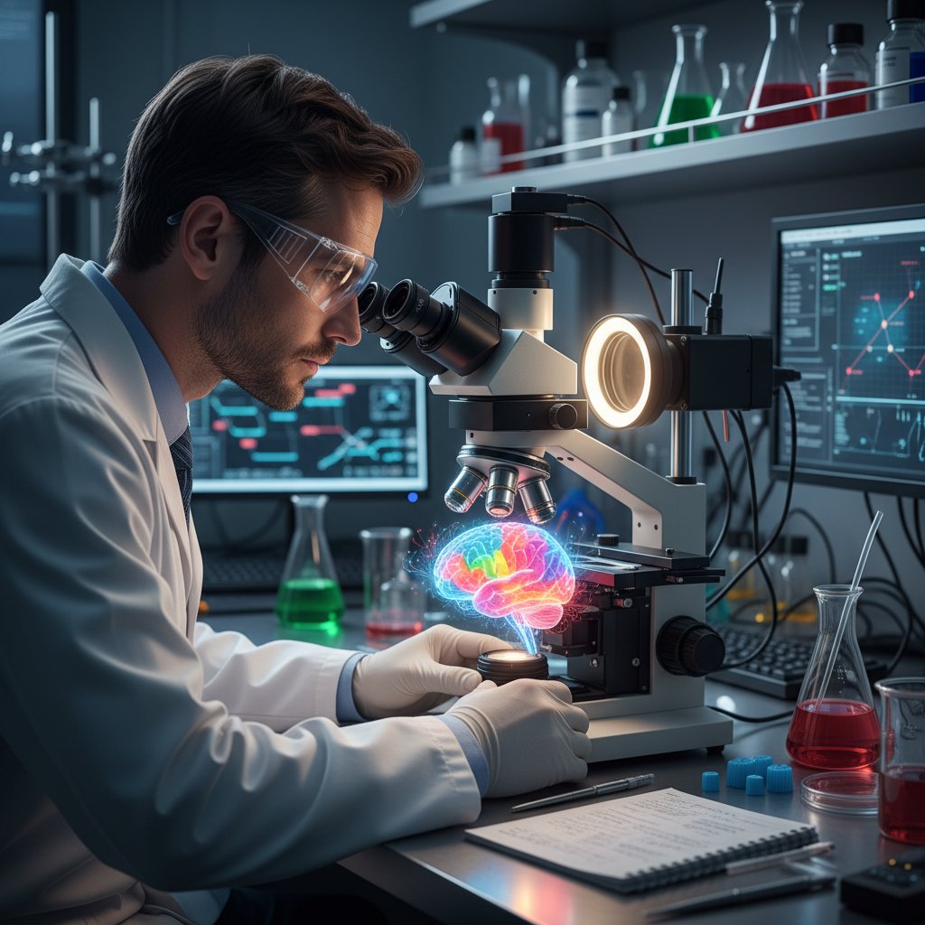 Zdjęcie naukowca analizującego mózg pod mikroskopem w laboratorium uniwersyteckim