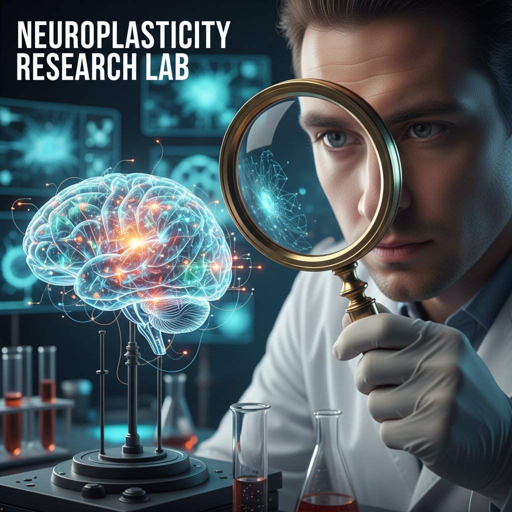Naukowiec z modelami neuronów i szkłem powiększającym, symbolizujący badania nad neuroplastycznością