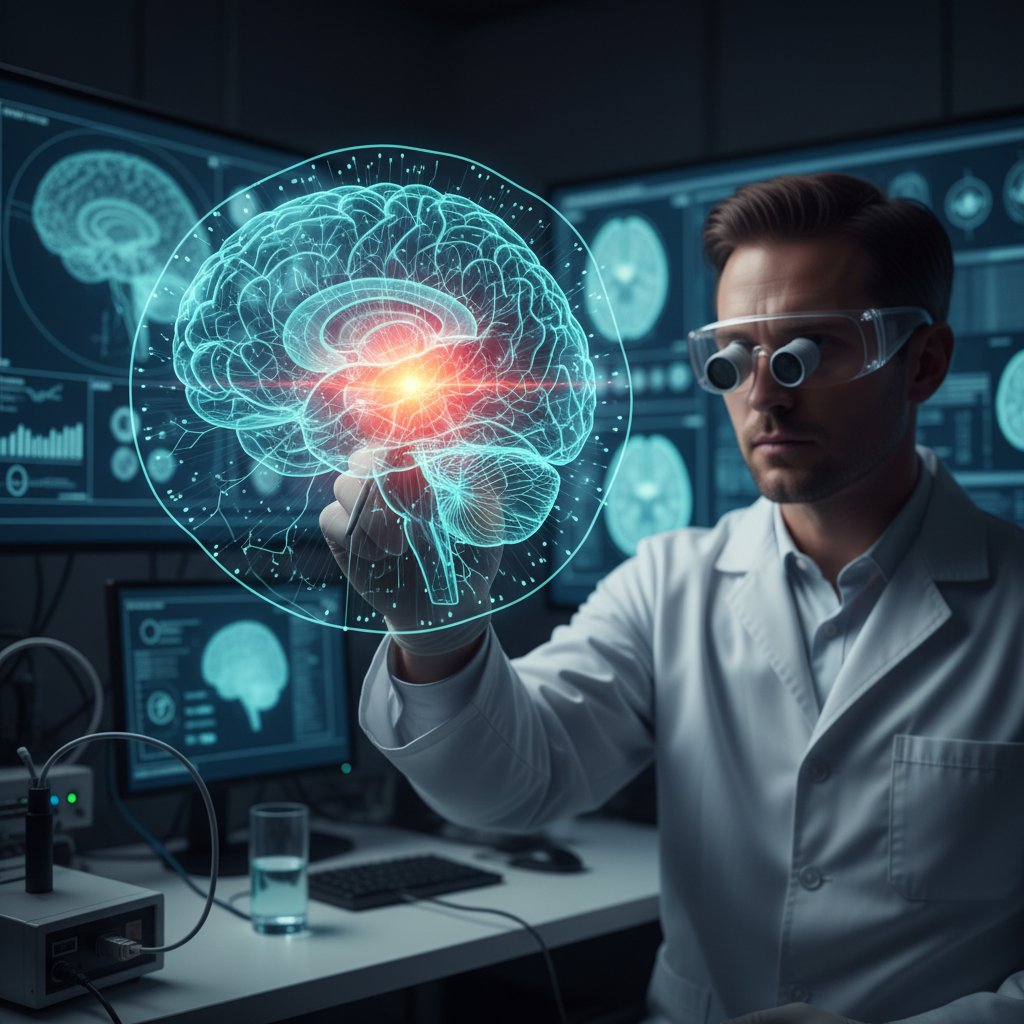 Skupiony naukowiec analizujący zdjęcia mózgu wyświetlane na monitorze, z podświetlonym ciałem migdałowatym